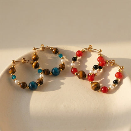 316L Stainless Steel 18K Gold PVD New Chinese Style Tiger's Eye Faux Pearl Beaded Hoop Earrings - New Chinese Style, Vintage, Beaded Hoop, Tiger's Eye, Faux Pearl Wholesale Stainless Steel Jewelry - Sensitive Skin Friendly - Detail 7