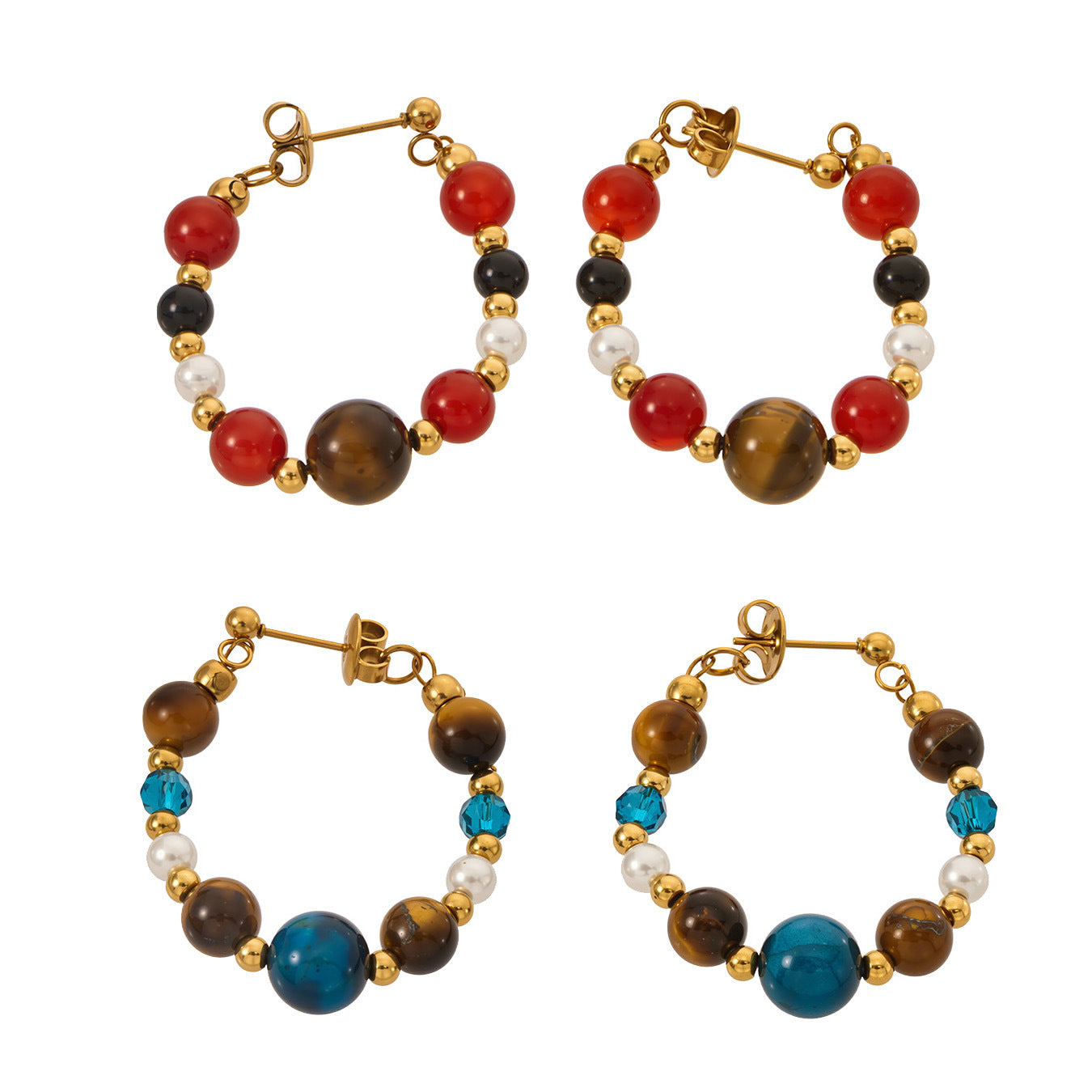 316L Stainless Steel 18K Gold PVD New Chinese Style Tiger's Eye Faux Pearl Beaded Hoop Earrings - New Chinese Style, Vintage, Beaded Hoop, Tiger's Eye, Faux Pearl Wholesale Stainless Steel Jewelry - Sensitive Skin Friendly - Detail 8