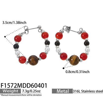 316L Stainless Steel 18K Gold PVD New Chinese Style Tiger's Eye Faux Pearl Beaded Hoop Earrings - New Chinese Style, Vintage, Beaded Hoop, Tiger's Eye, Faux Pearl Wholesale Stainless Steel Jewelry - Sensitive Skin Friendly - Detail 9
