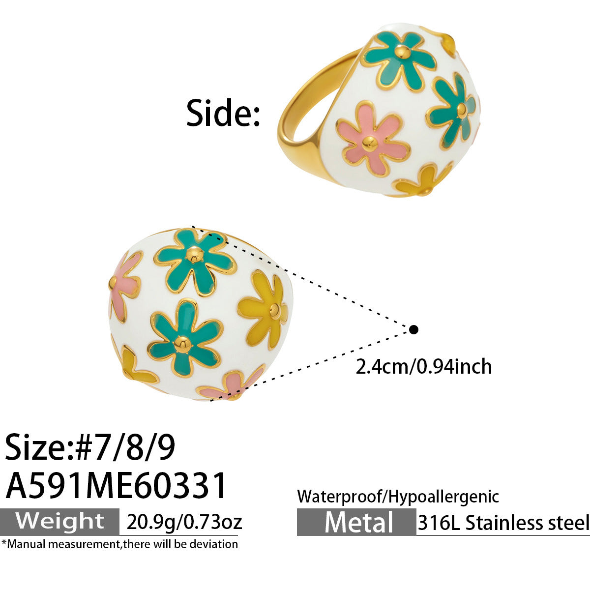 Floral Enamel Dome Ring Size Chart, 316L Stainless Steel 18K Gold Plated Statement Ring Dimensions, Wholesale Jewelry Specifications