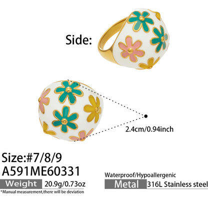 Floral Enamel Dome Ring Size Chart, 316L Stainless Steel 18K Gold Plated Statement Ring Dimensions, Wholesale Jewelry Specifications
