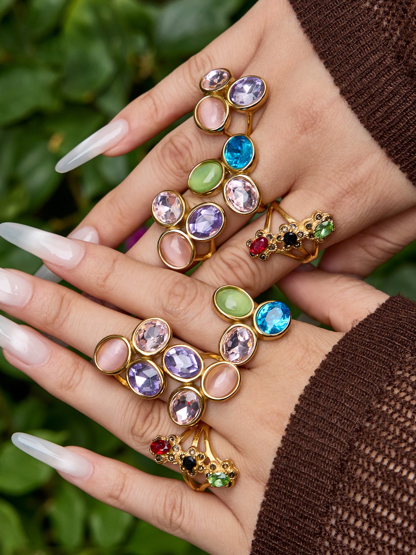 Luxury Multi-Color Crystal Rings on hand, European style stainless steel statement jewelry