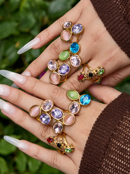 Luxury Multi-Color Crystal Rings on hand, European style stainless steel statement jewelry