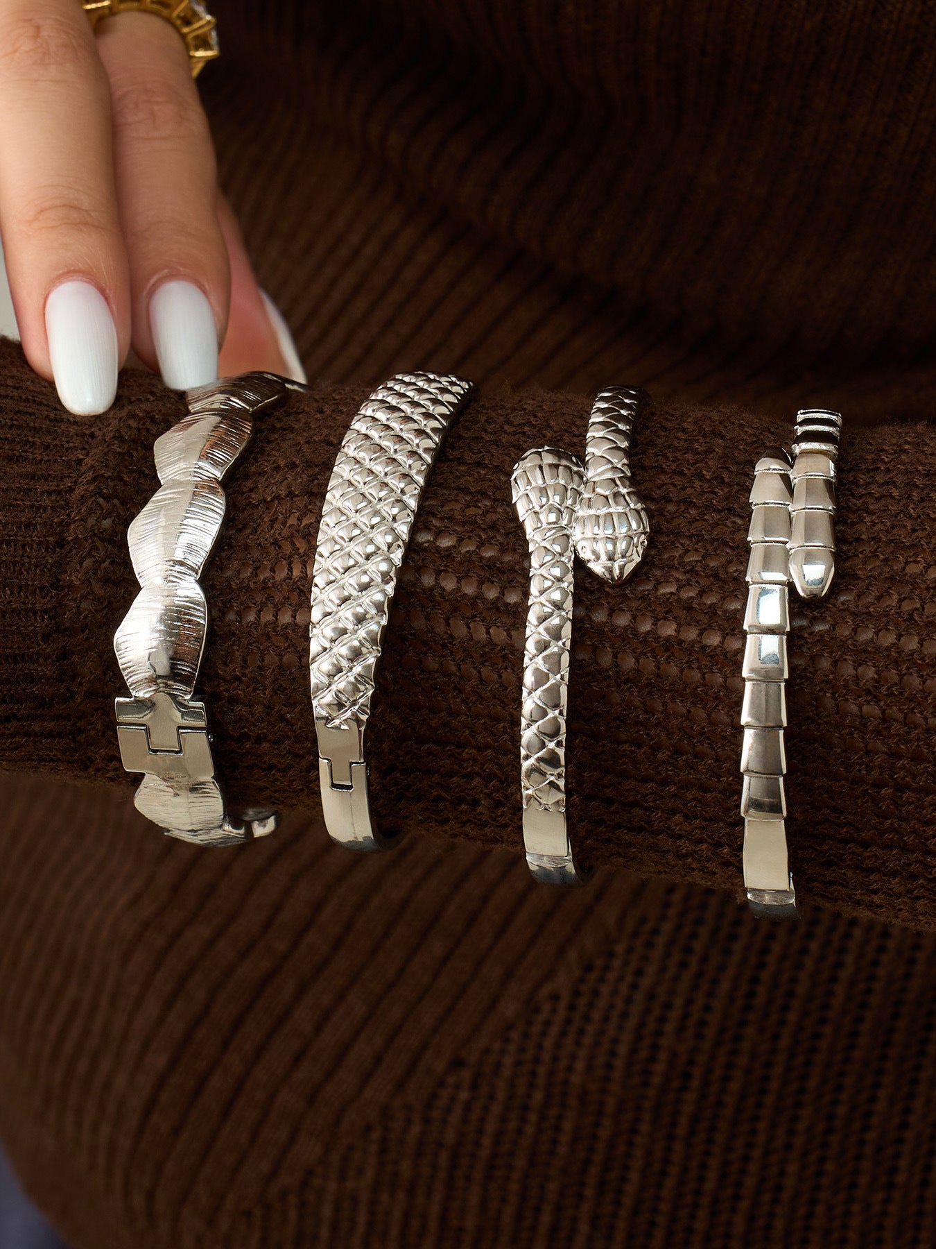 Steel Texture Open Cuff Bangle worn on wrist, hypoallergenic stainless steel jewelry