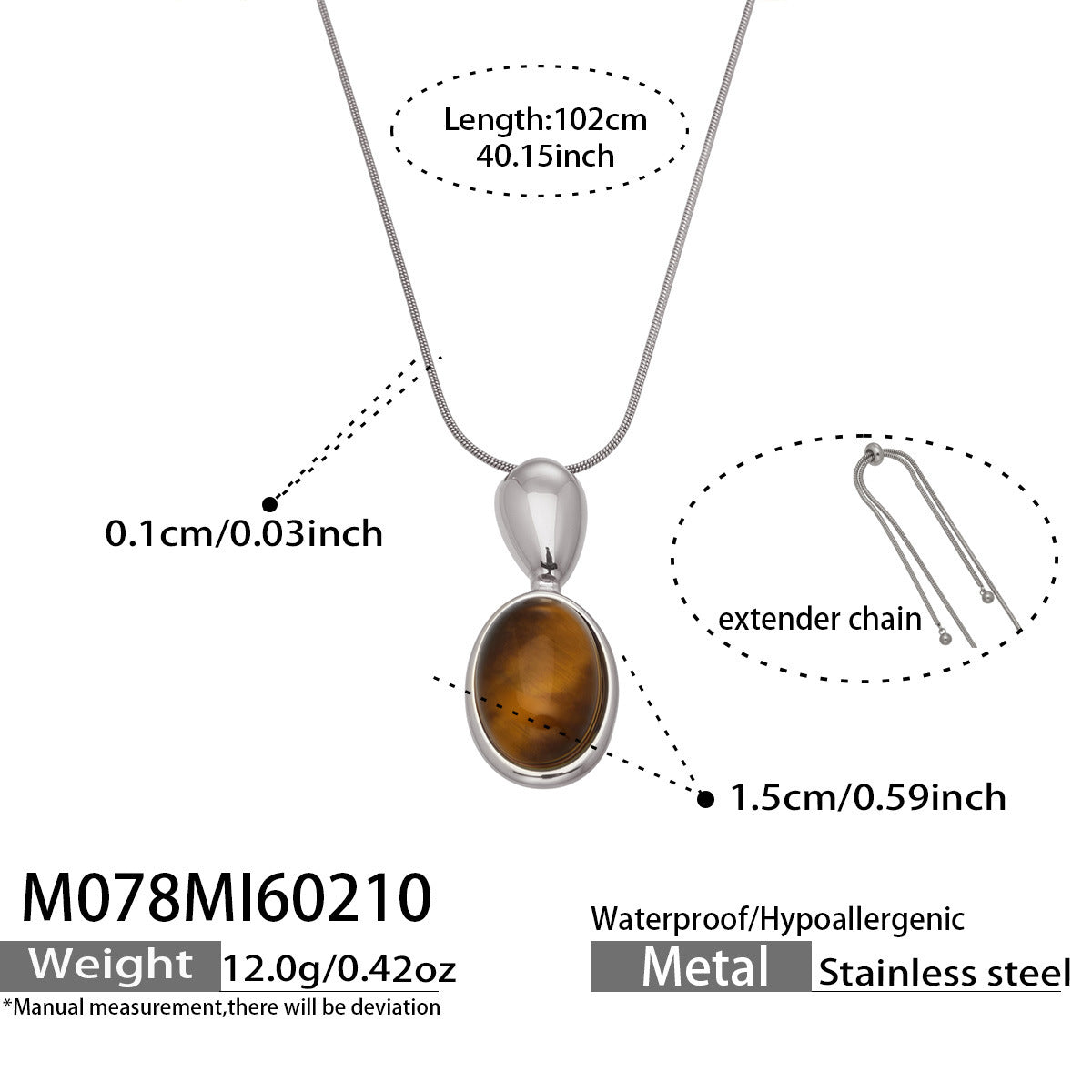 M078 Steel Oval Stone Pendant Necklace size chart, 316L stainless steel jewelry specifications