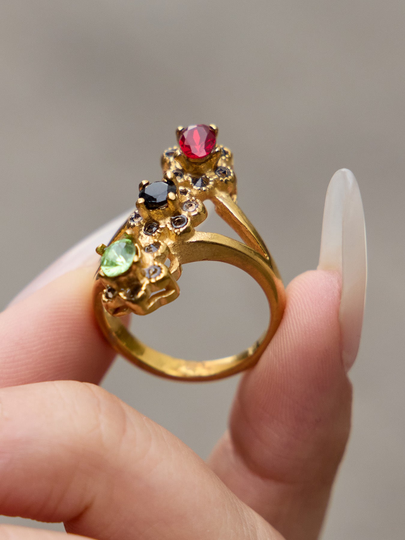 Multi-Color Glass Crystal Rings worn on hand, minimalist luxury stainless steel jewelry