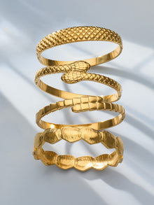 Gold Texture Open Cuff Bangle worn on wrist, 18K gold plated stainless steel jewelry