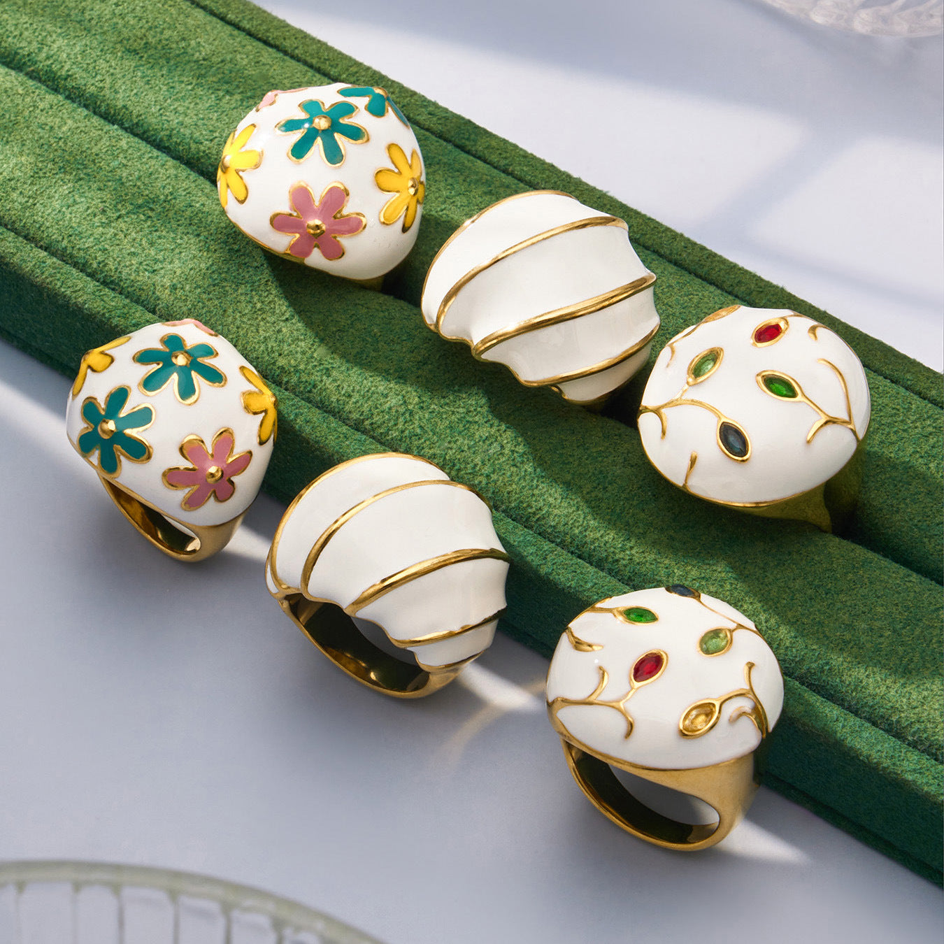 Three Enamel Dome Rings with White, Green & Red Floral Motifs, 316L Stainless Steel 18K Gold Plated, Hypoallergenic Wholesale Rings