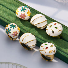 Three Enamel Dome Rings with White, Green & Red Floral Motifs, 316L Stainless Steel 18K Gold Plated, Hypoallergenic Wholesale Rings