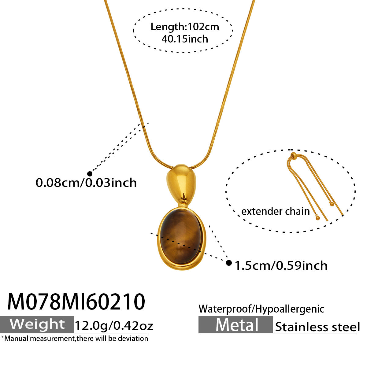 M078 Gold Oval Stone Pendant Necklace size chart, 316L stainless steel product details