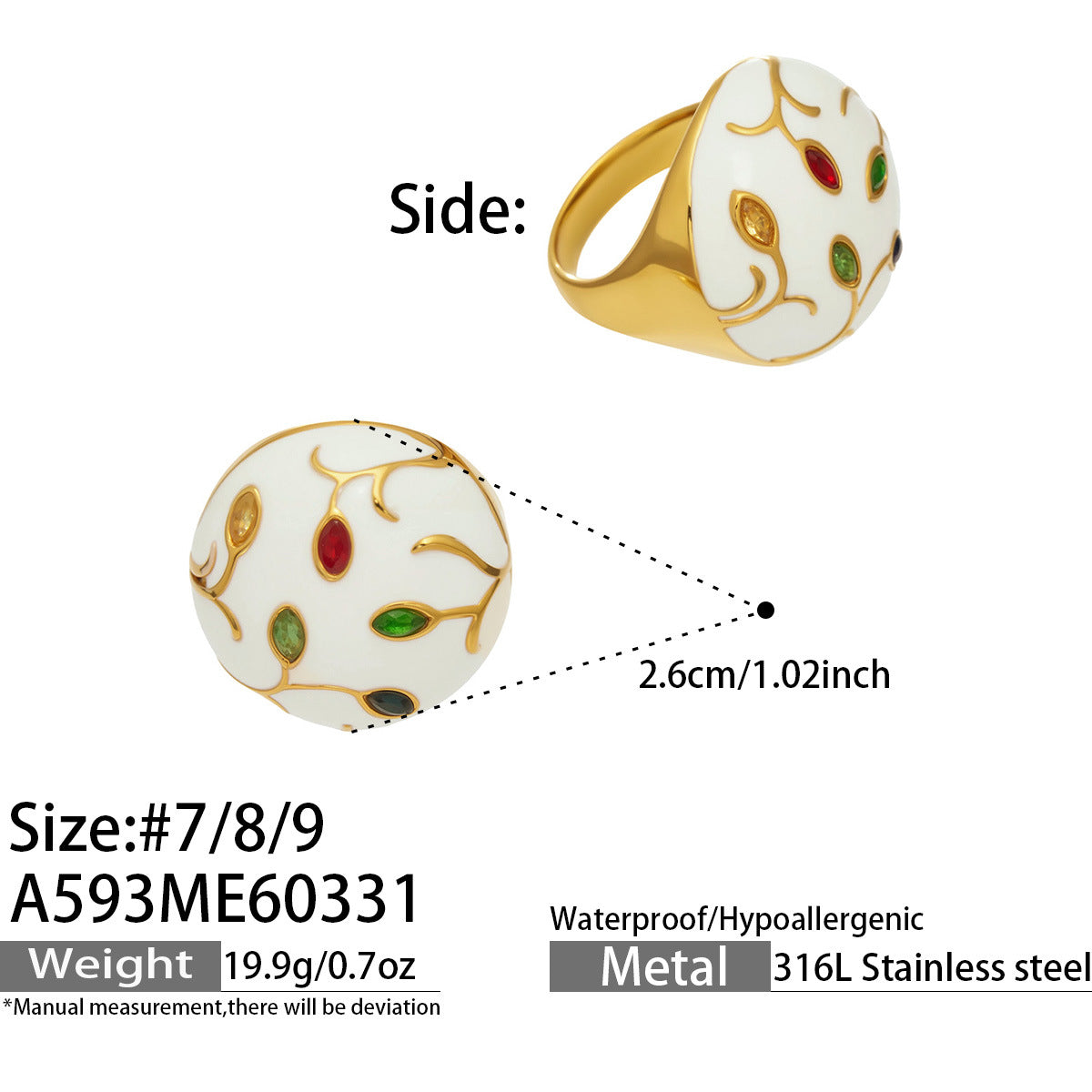 Floral Enamel Dome Ring Specification Chart, 316L Stainless Steel 18K Gold Plated Ring Dimensions, Wholesale Jewelry Size Guide