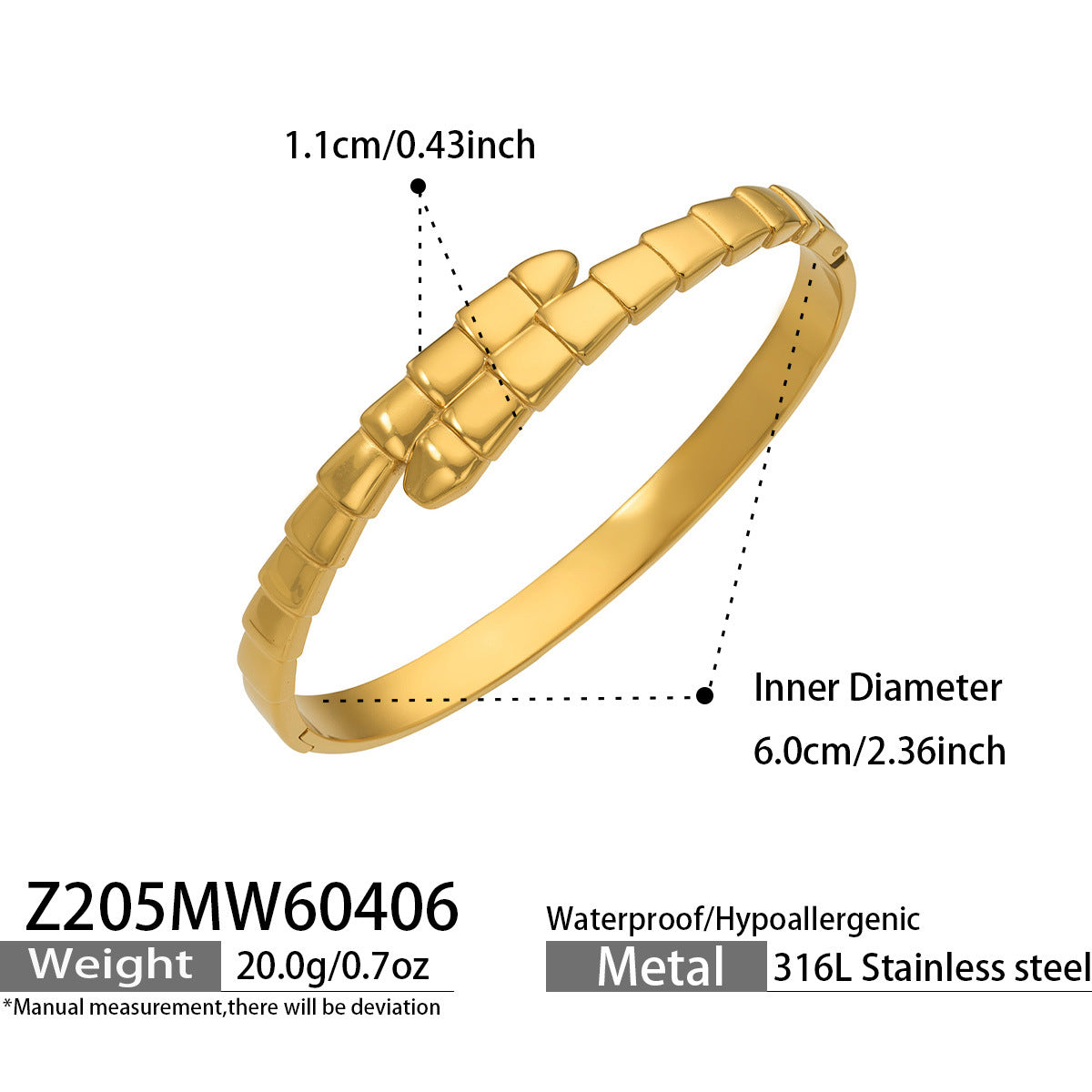 Z181 Steel Double Snake Head Bangle size chart, 316L stainless steel jewelry specifications