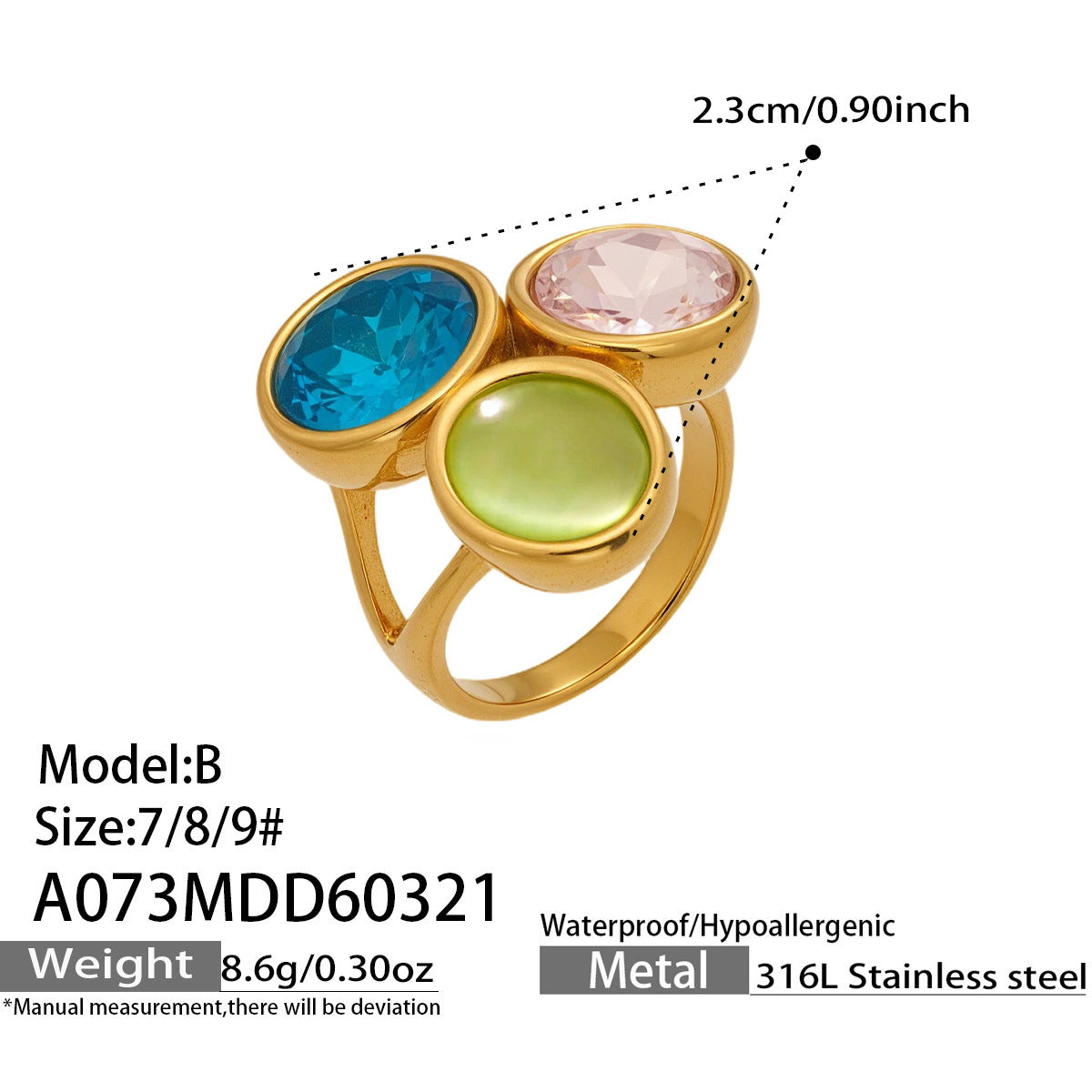 A073-B Multi-Color Crystal Ring size chart, 316L stainless steel jewelry specs