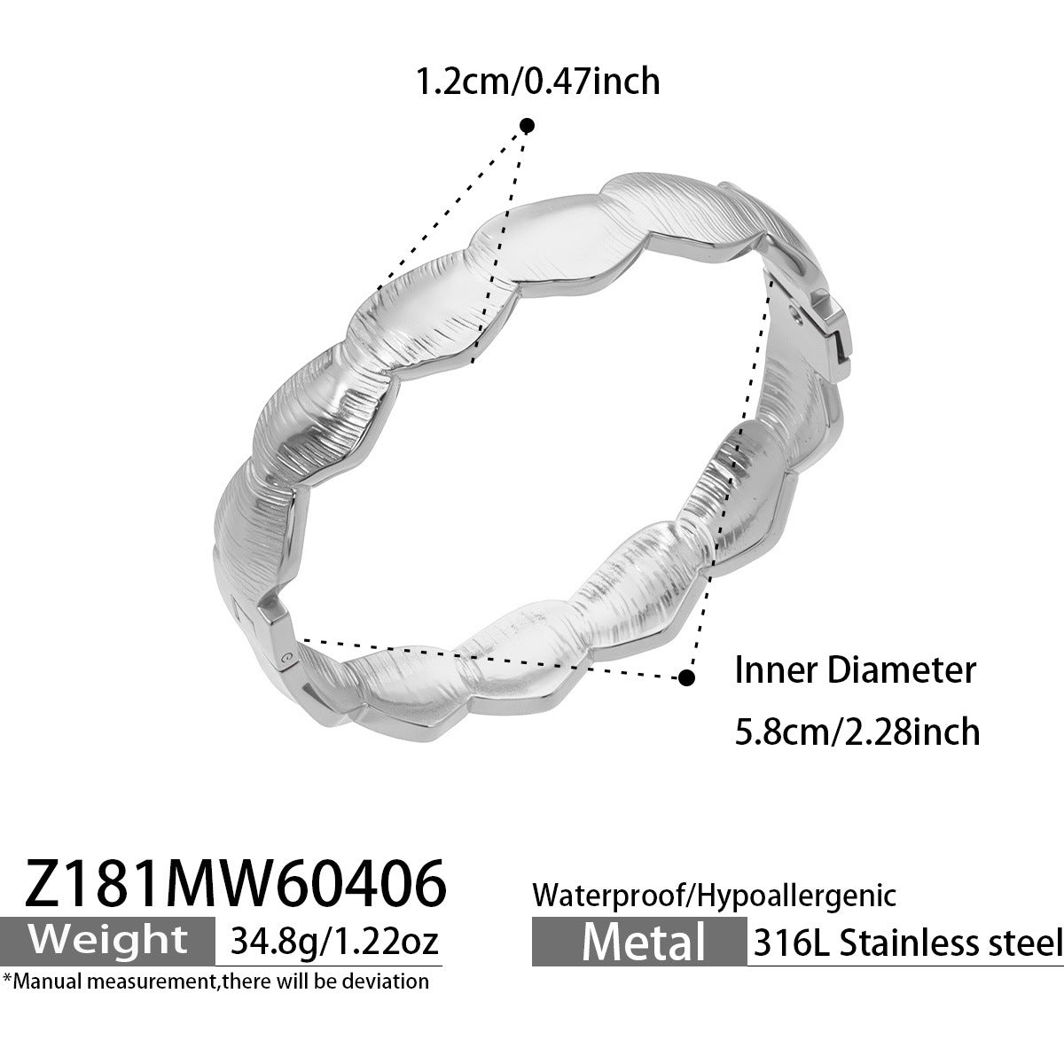 Z181 Gold Double Snake Head Bangle size chart, 316L stainless steel jewelry specs