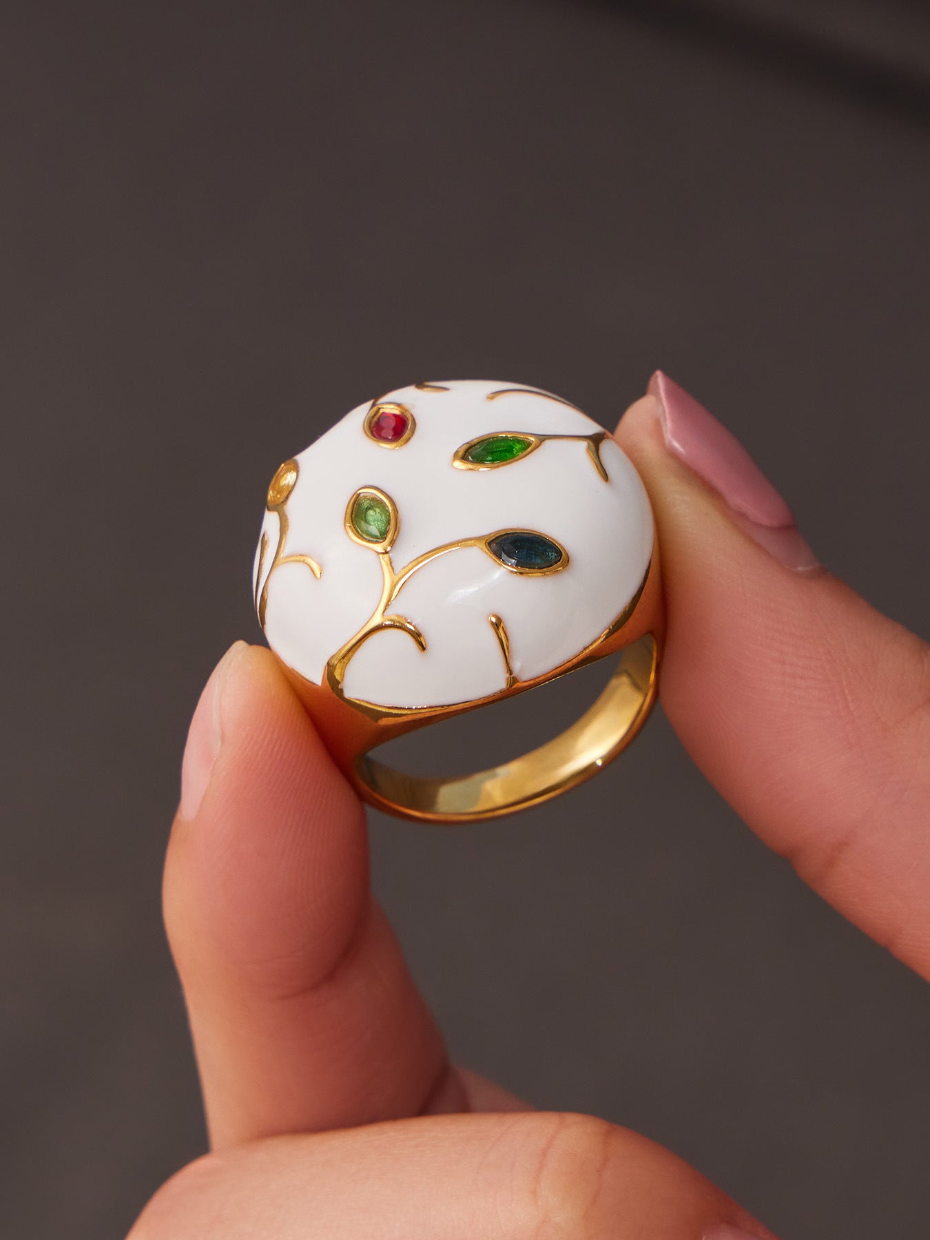 Close-Up of Floral Enamel Dome Ring with Colorful Flower Details, 316L Stainless Steel 18K Gold Plated Chunky Statement Jewelry for Women
