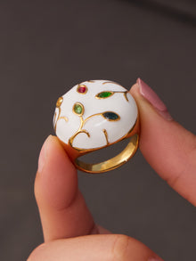 Close-Up of Floral Enamel Dome Ring with Colorful Flower Details, 316L Stainless Steel 18K Gold Plated Chunky Statement Jewelry for Women