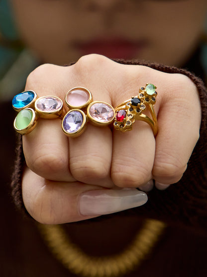 Multi-Color Crystal Rings worn on hand, hypoallergenic stainless steel jewelry