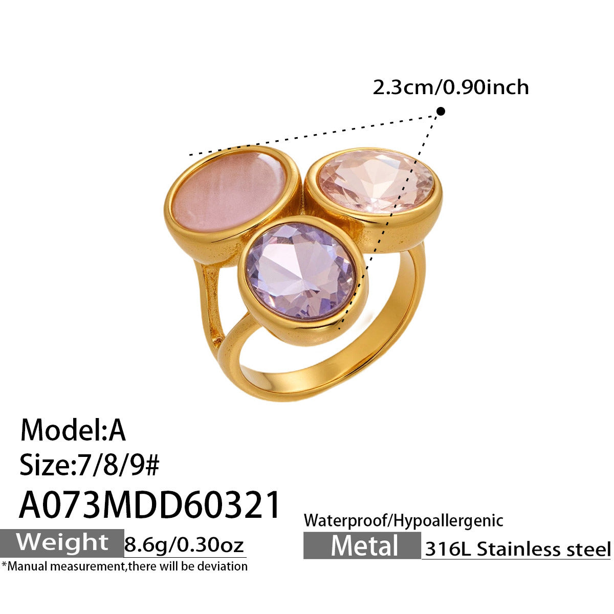 18K Gold PVD Multi-Color Crystal Rings, luxury stainless steel statement jewelry