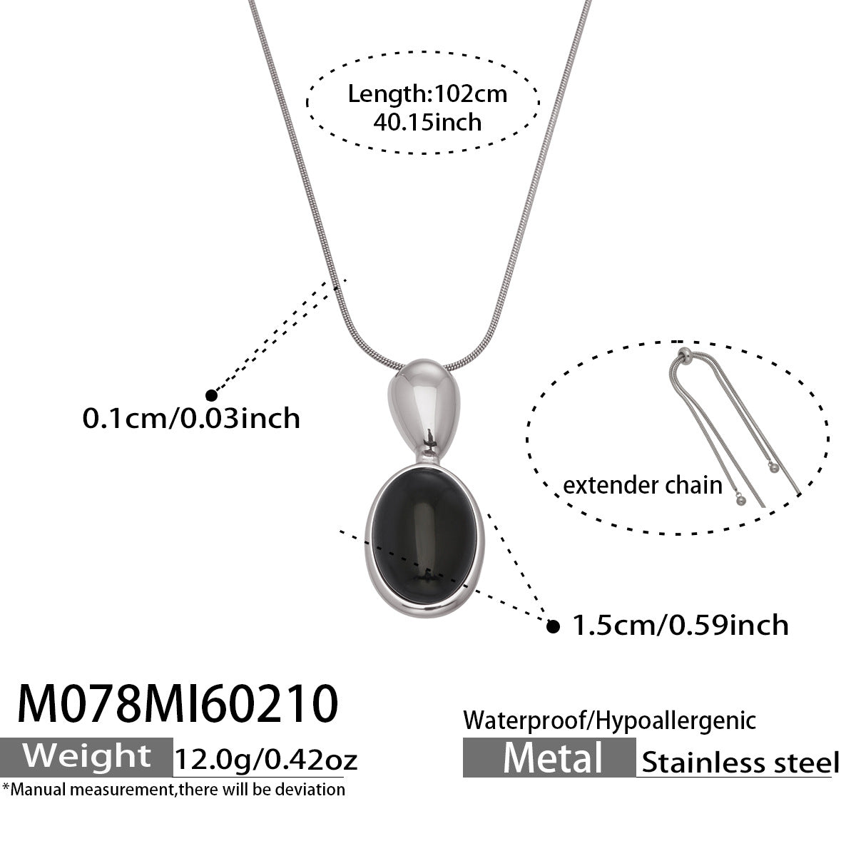 316L Stainless Steel 18K Gold PVD Oval Stone Pendant Necklace, vintage long sweater chain