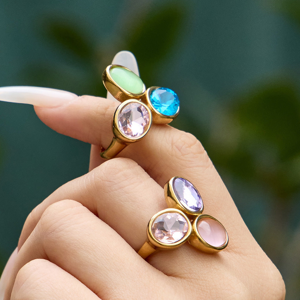 Multi-Color Glass Crystal Rings on hand, trendy European style stainless steel jewelry