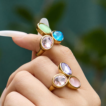 Multi-Color Glass Crystal Rings on hand, trendy European style stainless steel jewelry