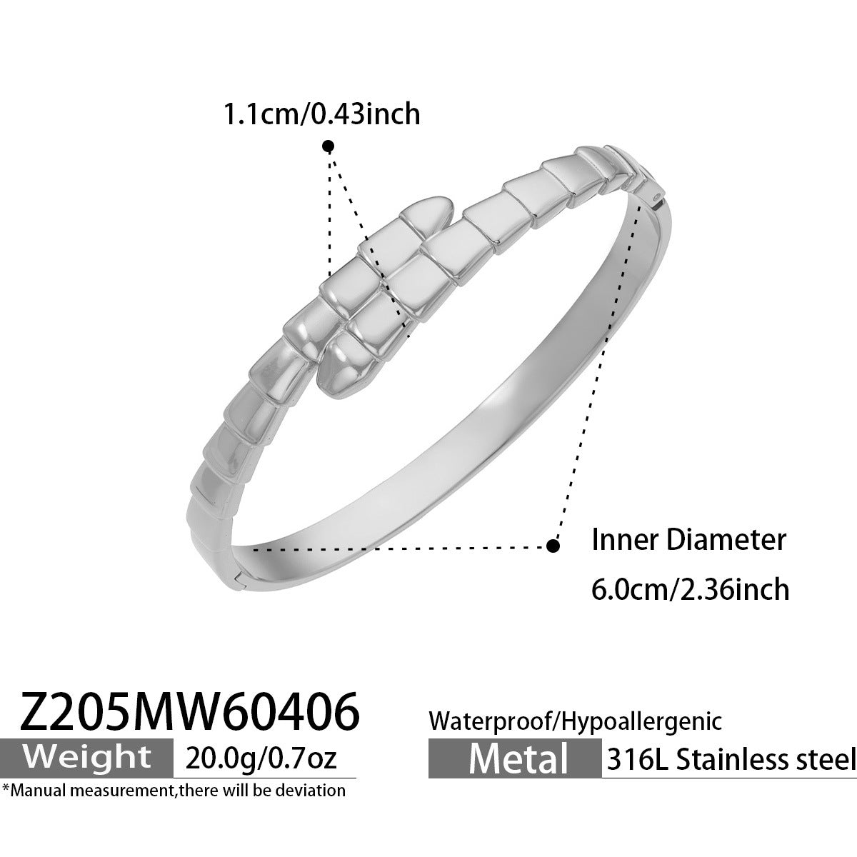 Z205 Steel Texture Bangle size chart, 316L stainless steel jewelry specifications