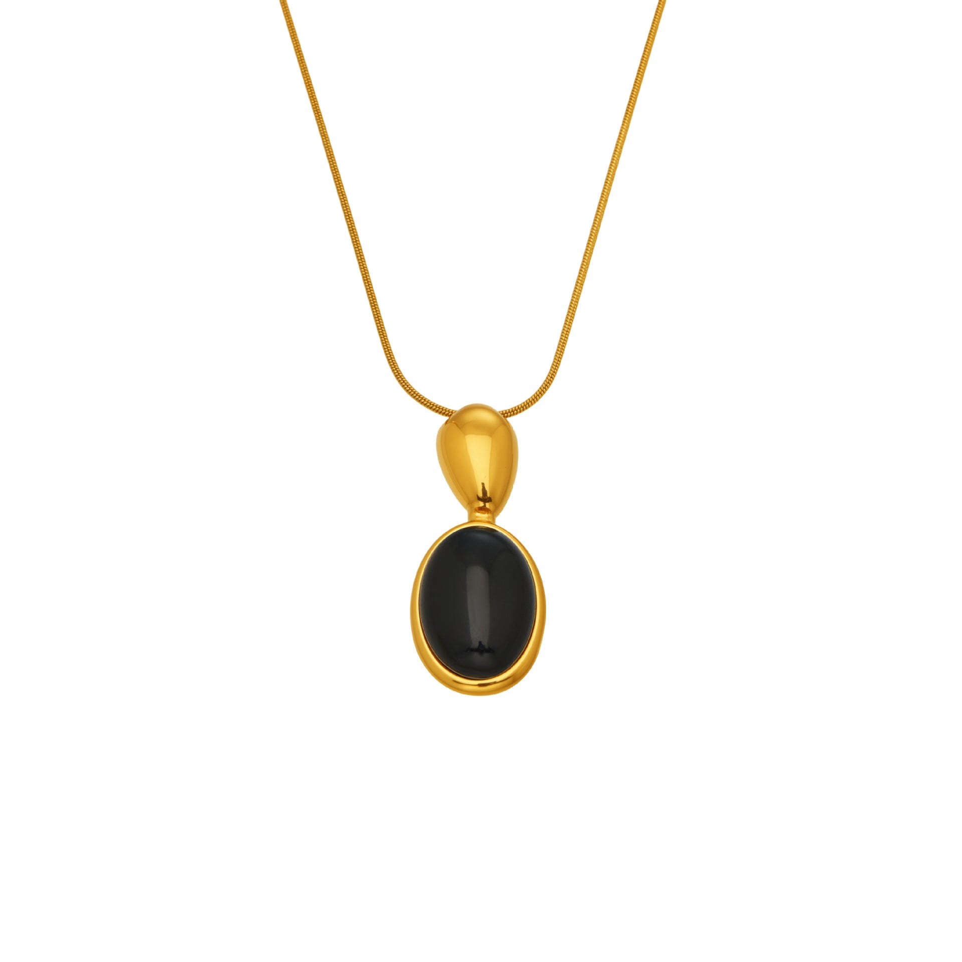 Gold Oval Stone Pendant Long Sweater Chain, 316L stainless steel hypoallergenic jewelry