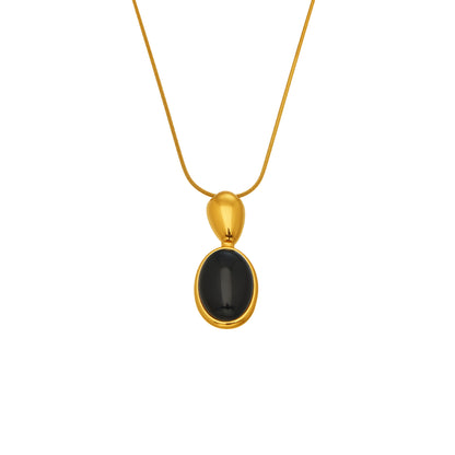 Gold Oval Stone Pendant Long Sweater Chain, 316L stainless steel hypoallergenic jewelry