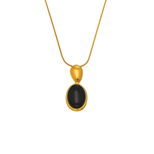 Gold Oval Stone Pendant Long Sweater Chain, 316L stainless steel hypoallergenic jewelry