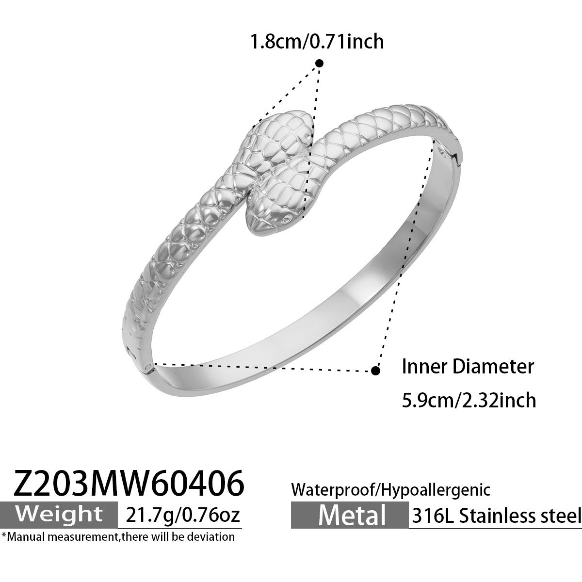 Z212 Steel Texture Bangle size chart, 316L stainless steel jewelry specifications