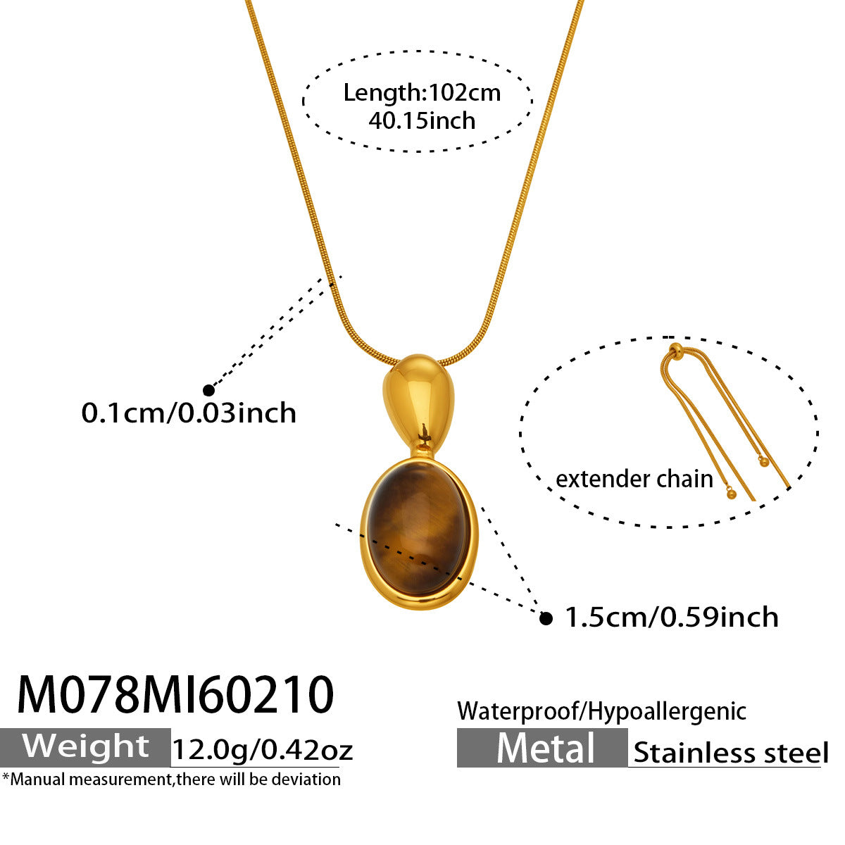 18K Gold PVD Oval Stone Pendant Necklace worn on neck, trendy stainless steel jewelry