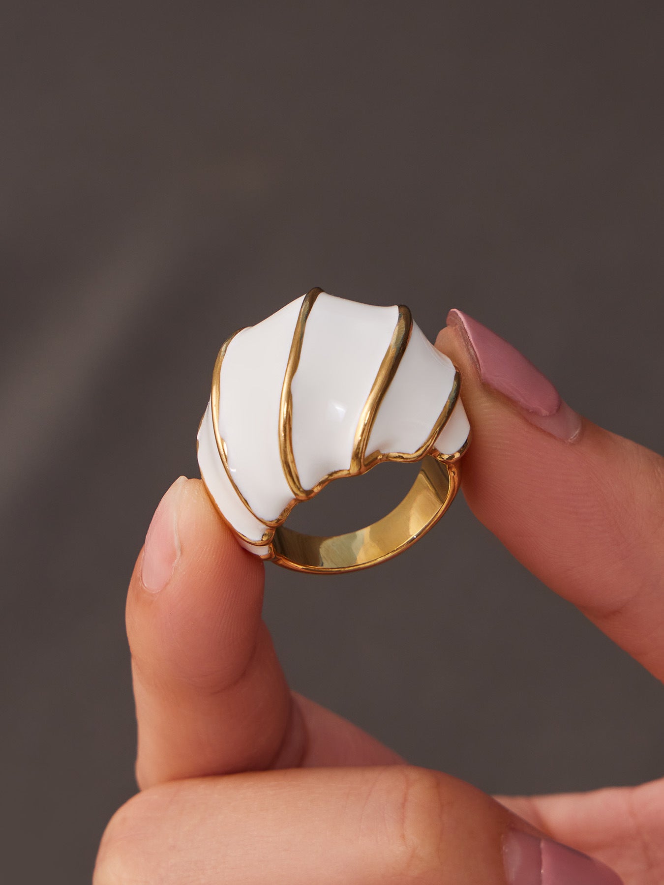 316L Stainless Steel 18K Gold PVD Enamel Dome Ring with White Enamel & Gold Stripes, Hypoallergenic Waterproof Chunky Statement Ring for Women, Wholesale Bulk Jewelry