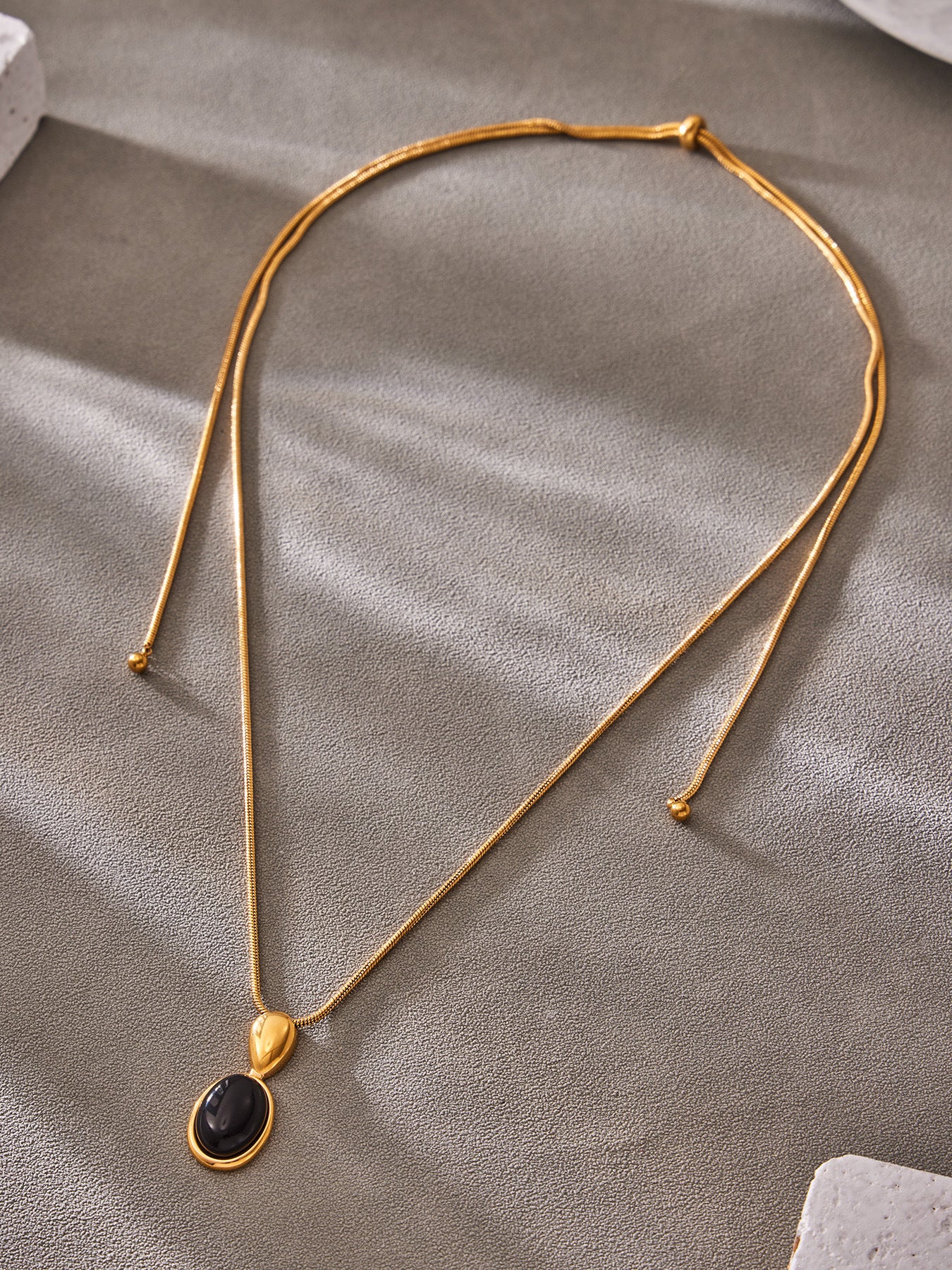 316L Stainless Steel 18K Gold PVD French Vintage Oval Stone Pendant Necklace, hypoallergenic long sweater chain