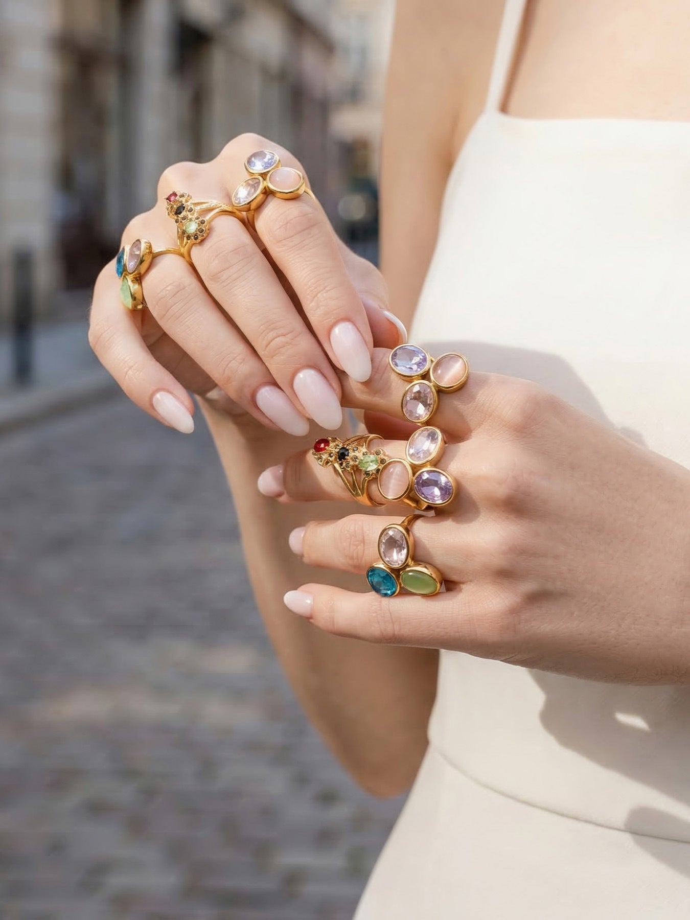 Multi-Color Crystal Rings on hand, hypoallergenic 316L stainless steel jewelry