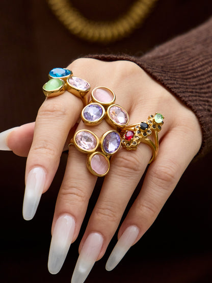 Multi-Color Glass Crystal Rings worn on hand, luxury stainless steel jewelry for women