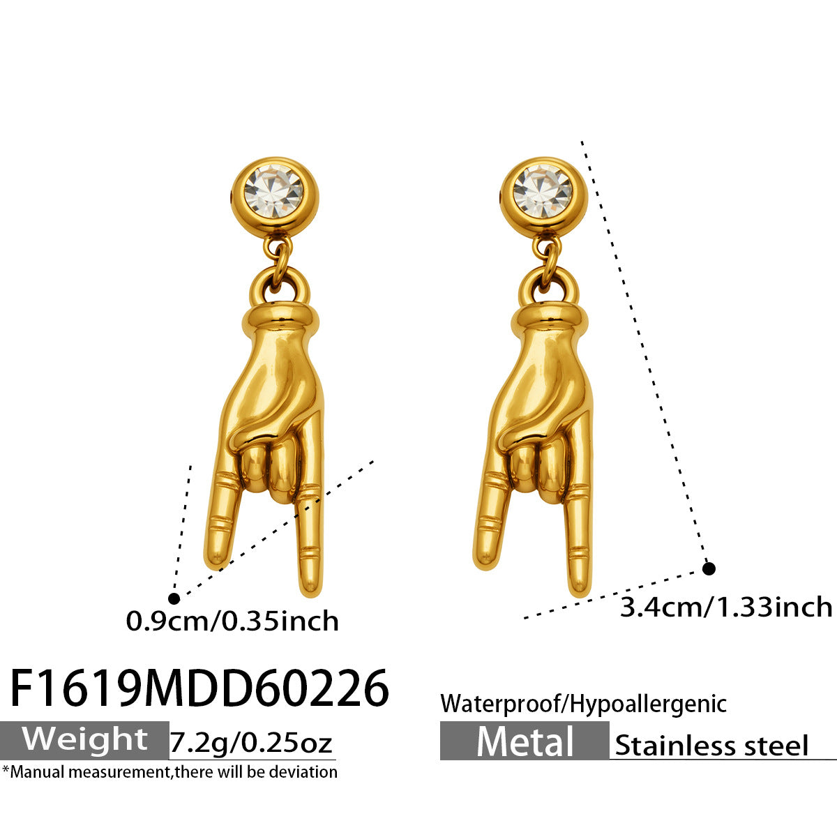 18K Gold PVD Hand Gesture Earrings worn on ear, European style stainless steel jewelry