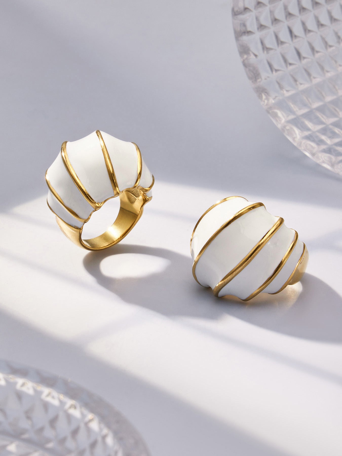 White Enamel & Gold Stripe Dome Ring Pair, 316L Stainless Steel 18K Gold Plated Chunky Statement Jewelry, Waterproof Tarnish-Free Wholesale Rings