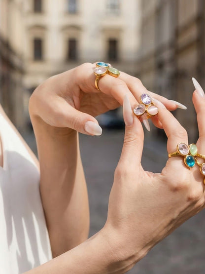 18K Gold PVD Multi-Color Crystal Rings worn on hand, minimalist luxury stainless steel jewelry
