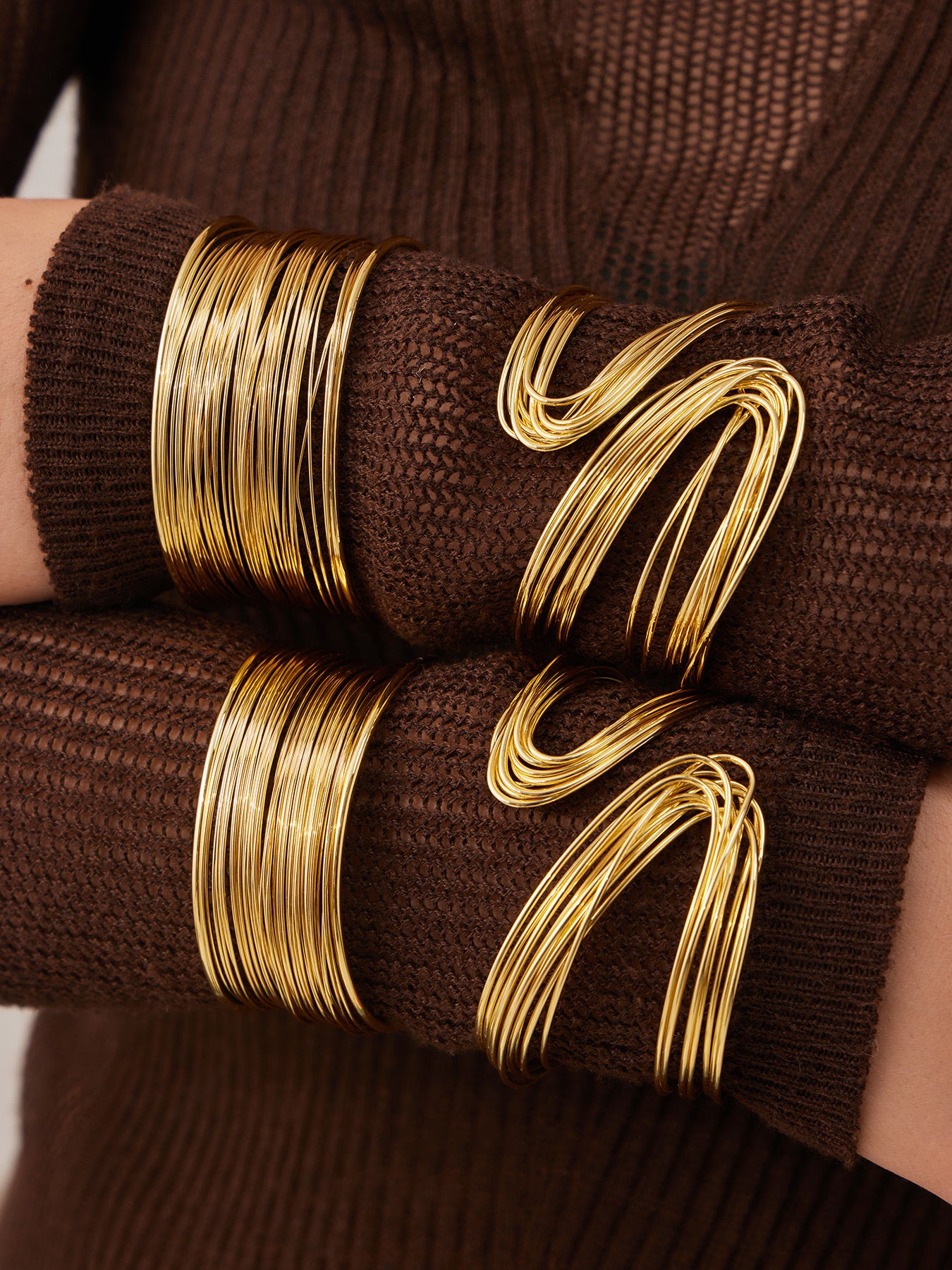 18K Gold PVD Multi-Layer Open Cuff Bangle close-up, 316L stainless steel durable jewelry