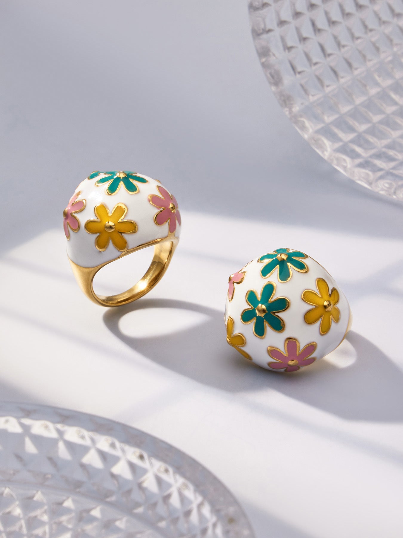 Floral Enamel Dome Ring Pair with Colorful Flower Motifs, 316L Stainless Steel 18K Gold PVD Plated, Hypoallergenic Bohemian Statement Jewelry