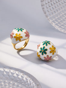 Floral Enamel Dome Ring Pair with Colorful Flower Motifs, 316L Stainless Steel 18K Gold PVD Plated, Hypoallergenic Bohemian Statement Jewelry
