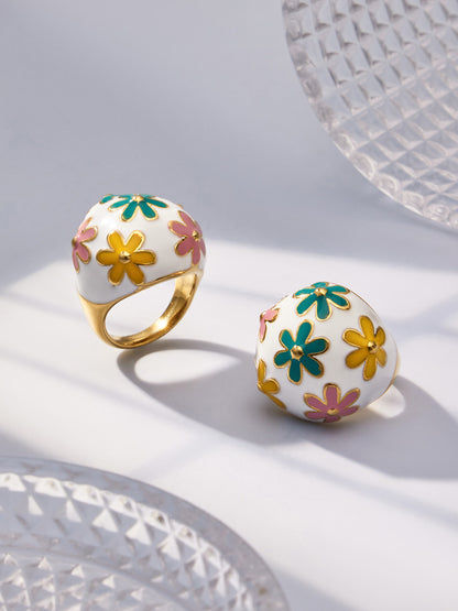 Floral Enamel Dome Ring Pair with Colorful Flower Motifs, 316L Stainless Steel 18K Gold PVD Plated, Hypoallergenic Bohemian Statement Jewelry