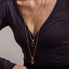 18K Gold PVD Oval Stone Pendant Necklace worn on neck, French vintage stainless steel jewelry