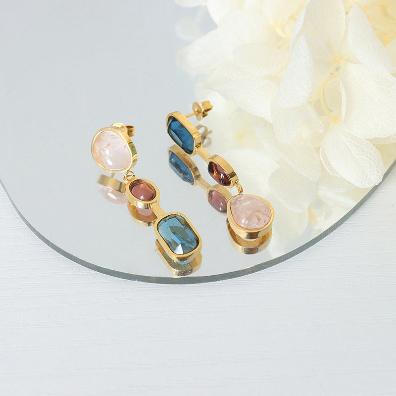 18K Gold PVD Asymmetrical Gemstone Earrings close-up, hypoallergenic stainless steel jewelry