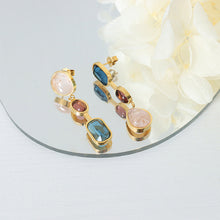 18K Gold PVD Asymmetrical Gemstone Earrings close-up, hypoallergenic stainless steel jewelry
