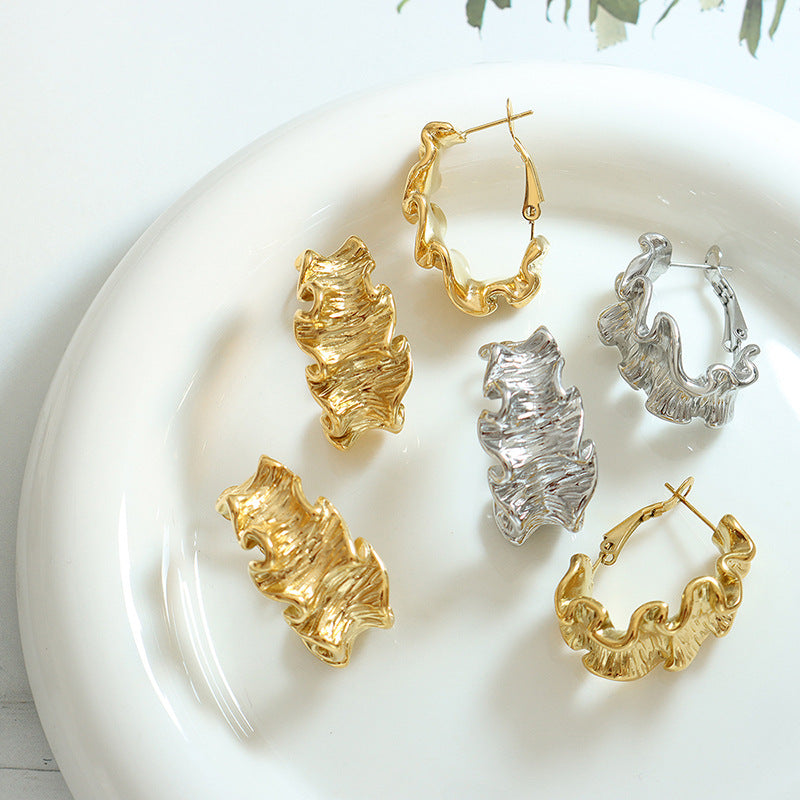 Gold & Steel Color Geometric Wrinkled Hoop Earrings, 316L Stainless Steel Jewelry Options