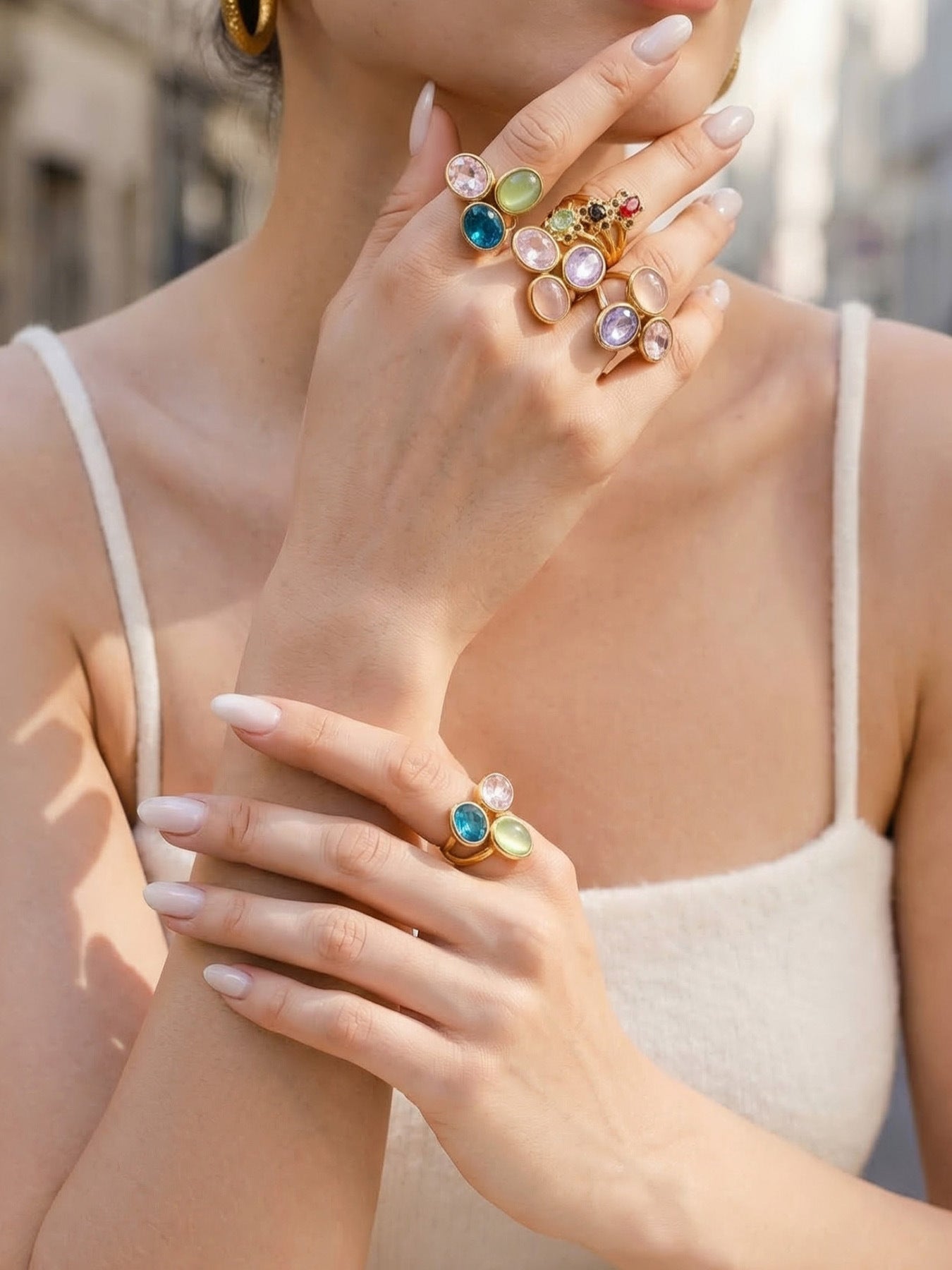 Luxury Multi-Color Crystal Rings worn on hand, European style stainless steel jewelry
