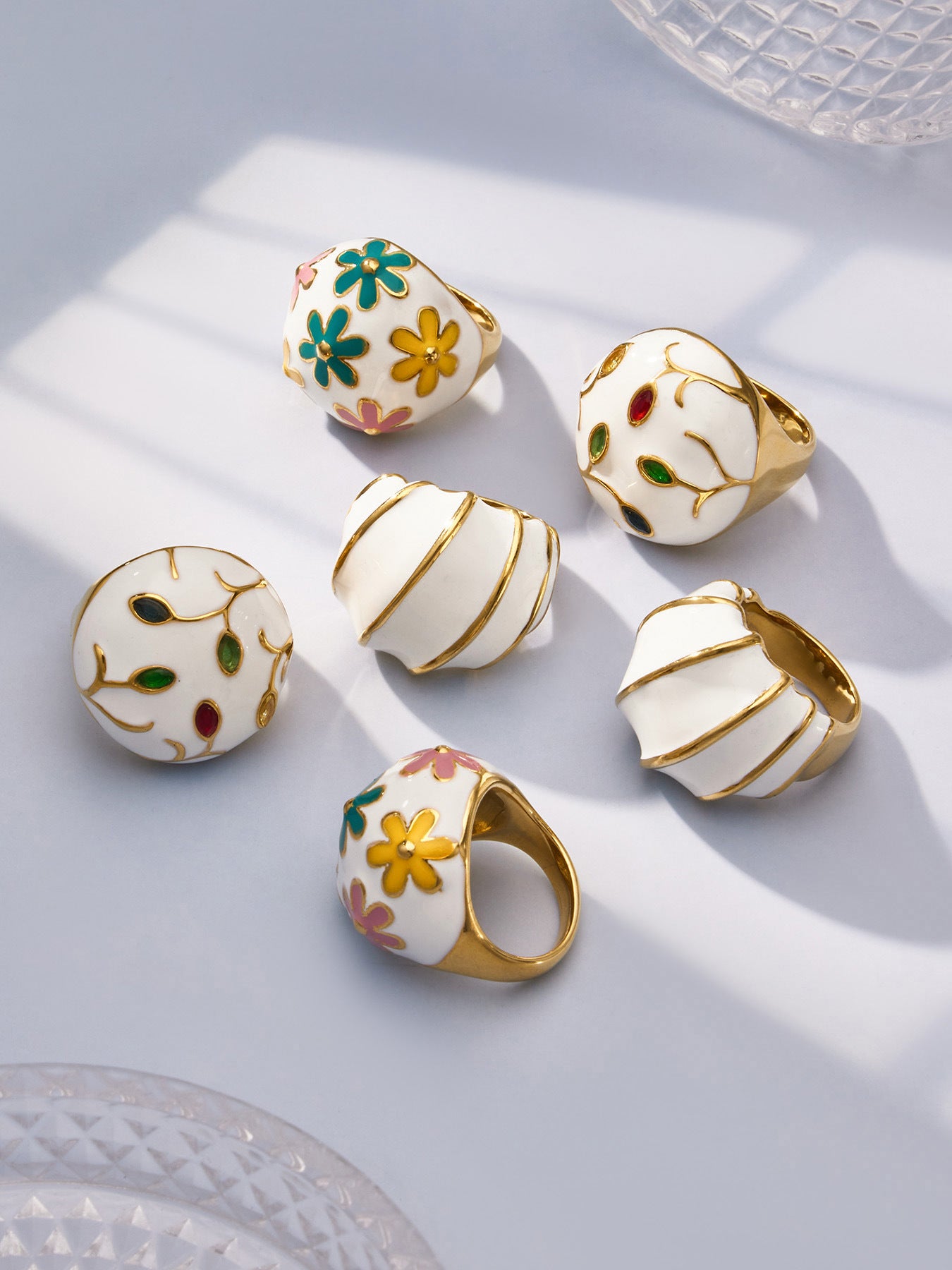 Set of 4 Enamel Dome Rings with Floral & Stripe Designs, 316L Stainless Steel 18K Gold Plated, Waterproof Hypoallergenic Wholesale Statement Rings
