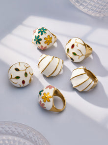 Set of 4 Enamel Dome Rings with Floral & Stripe Designs, 316L Stainless Steel 18K Gold Plated, Waterproof Hypoallergenic Wholesale Statement Rings