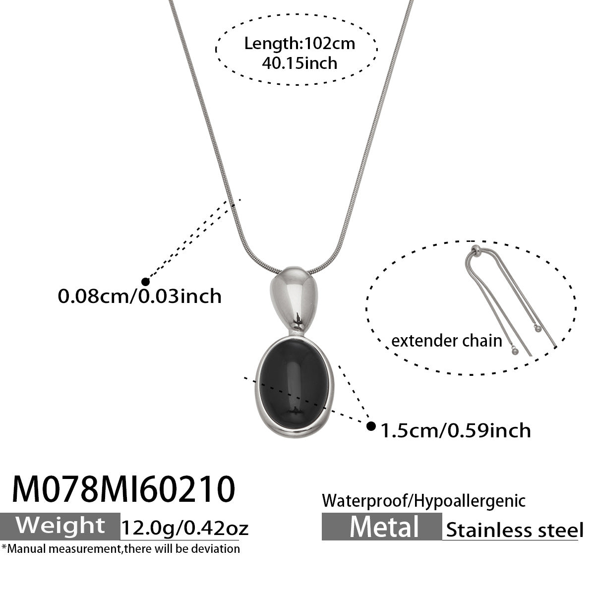 M078 Oval Stone Pendant Necklace size chart, 316L stainless steel jewelry specifications